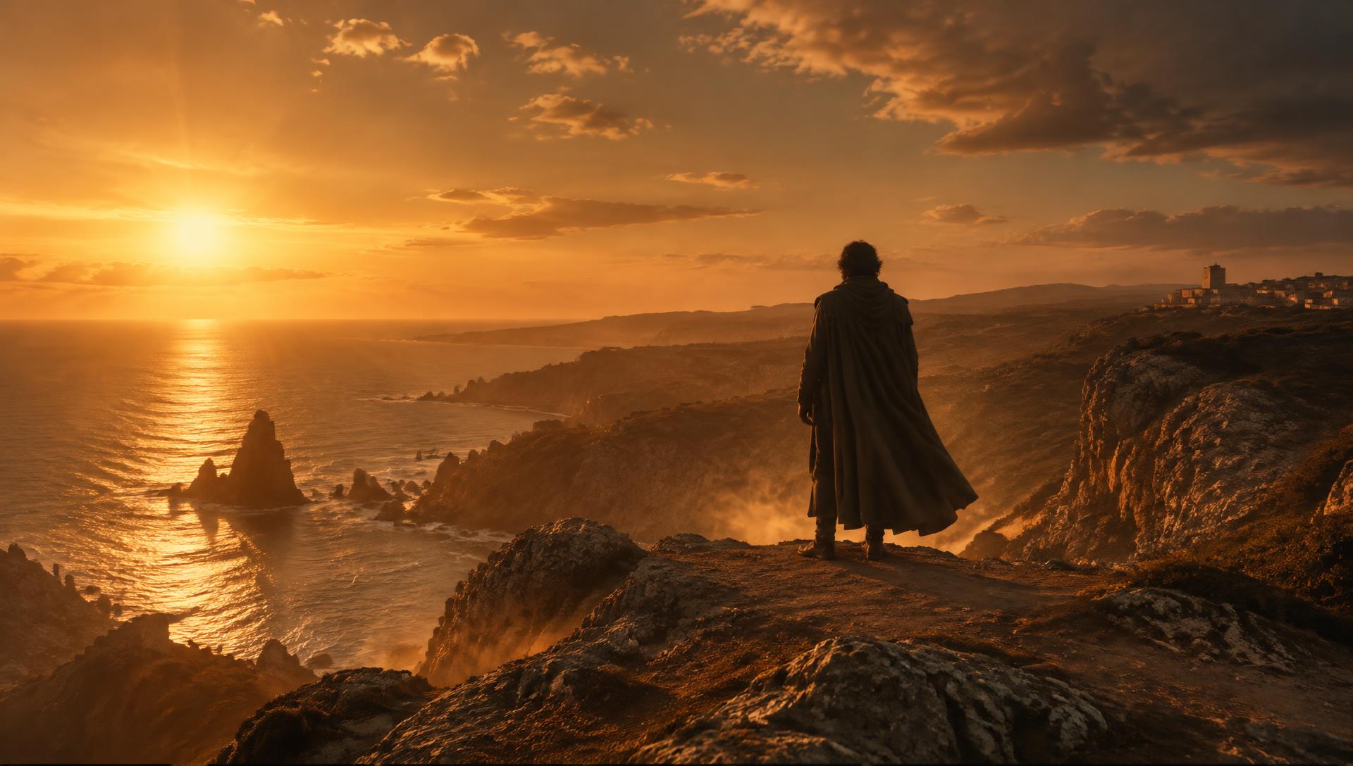 Figura en un acantilado al atardecer, fotograma cinematográfico